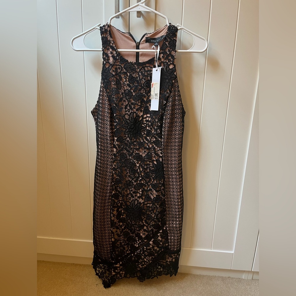 Adelyn Rae Black and Nude Lace Midi Dress NWT